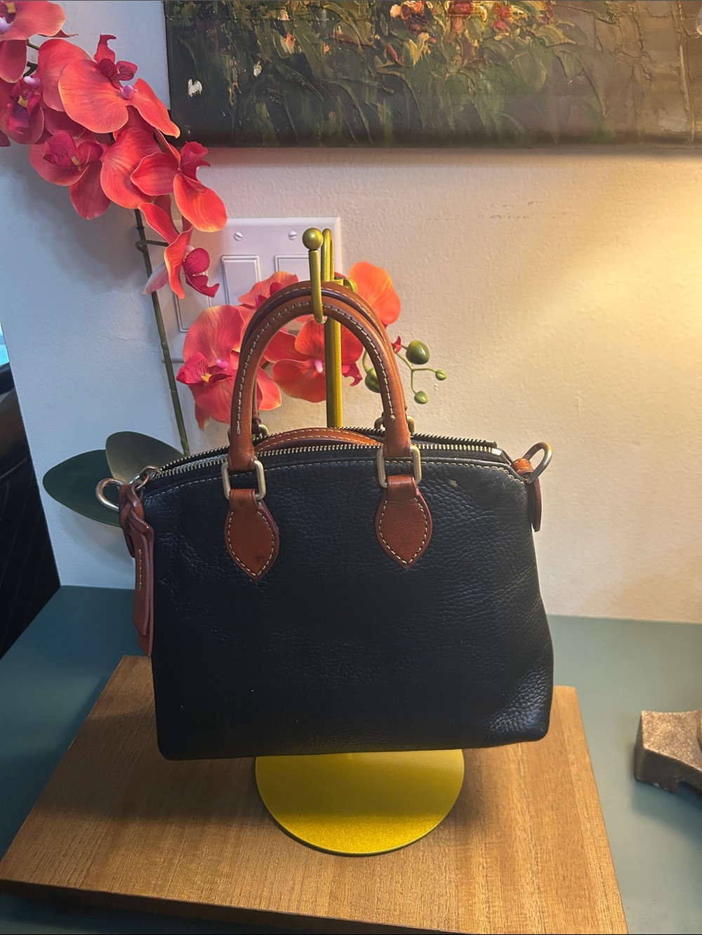 Dooney & Bourke Black Leather Mini Satchel with Brown Handles - Picture 3 of 10